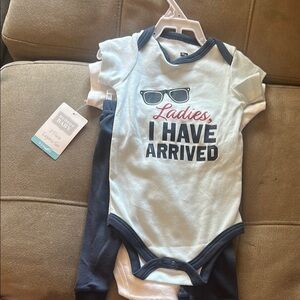 3 Piece Layette Set. Newborn Bodysuit and pants with Playful Print